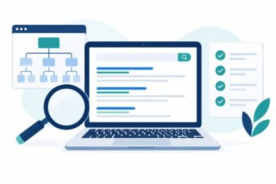 Illustration d’un site web et d’une loupe pour diagnostiquer son absence dans les résultats Google
