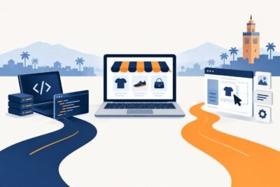 Illustration éditoriale pour comparer WordPress et Shopify au Maroc